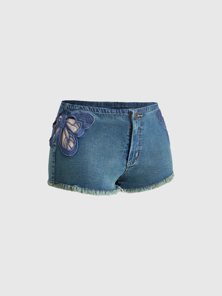 ROMWE Y2K Side Cutout Embroidered Butterfly Ultra Low Waist Women's Denim Shorts - Medium Wash - View 1