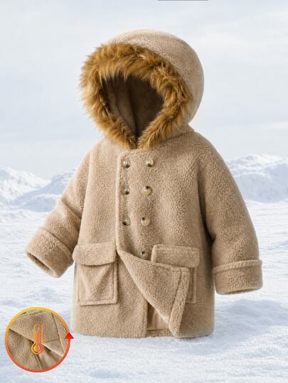 SHEIN Baby Boy Hooded Wool Coat Preppy Khaki Faux Fur Trim Double Breasted Long Sleeve Hooded Thick Wedding Party Winter Christmas Fall Holiday Fuzzy Sherpa