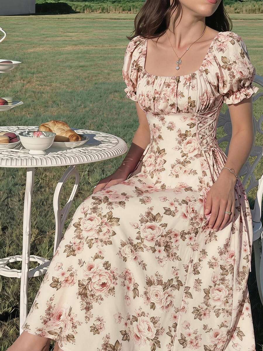 SHEIN MOD Vestido con estampado floral, busto fruncido y mangas abullonadas - Caqui - Ver 1