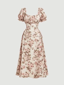 SHEIN MOD Vestido con estampado floral, busto fruncido y mangas abullonadas - Caqui - Ver 3