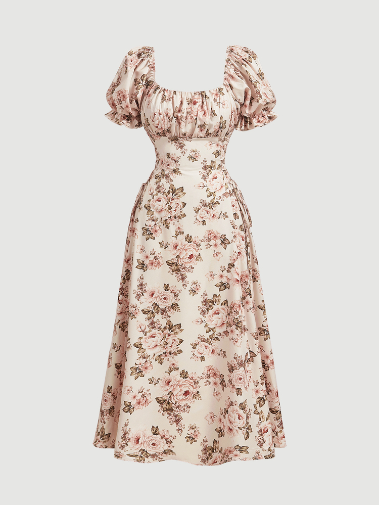SHEIN MOD Floral Print Ruched Bust Puff Sleeve Dress - Khaki - View 3