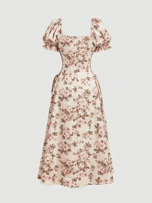 SHEIN MOD Vestido con estampado floral, busto fruncido y mangas abullonadas - Caqui - Ver 4