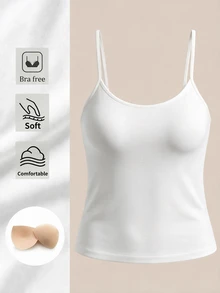SHEIN BASICS 女款純色極簡百搭細肩帶背心上衣，適合日常穿著 - 白色 - 查看 2