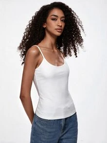 SHEIN BASICS 女款純色極簡百搭細肩帶背心上衣，適合日常穿著 - 白色 - 查看 11