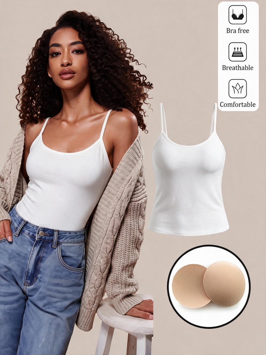 SHEIN BASICS 女款純色極簡百搭細肩帶背心上衣,適合日常穿著 - 白色 - 查看 1