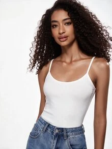 SHEIN BASICS 女款純色極簡百搭細肩帶背心上衣，適合日常穿著 - 白色 - 查看 7