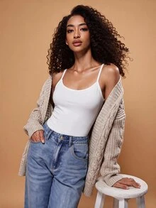 SHEIN BASICS 女款純色極簡百搭細肩帶背心上衣，適合日常穿著 - 白色 - 查看 3