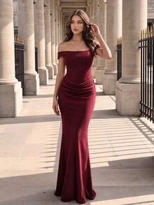 Poshira High-End Evening Gown With Elegant Elegant, Solid Color Off-Shoulder Mermaid Hemline Luxury Dress - Burgundy - View 6