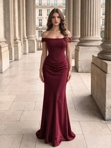 Poshira High-End Evening Gown With Elegant Elegant, Solid Color Off-Shoulder Mermaid Hemline Luxury Dress - Burgundy - View 4