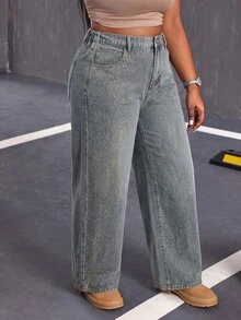 Slaydiva Celana Jeans Denim Kasual Wanita Plus Size Longgar Kaki Lebar (Hitam-Abu) dengan Saku Hiasan Rhinestone Celana Musim Gugur/Dingin untuk Wanita - Medium Wash - View 3
