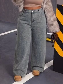 Slaydiva Celana Jeans Denim Kasual Wanita Plus Size Longgar Kaki Lebar (Hitam-Abu) dengan Saku Hiasan Rhinestone Celana Musim Gugur/Dingin untuk Wanita - Medium Wash - View 7