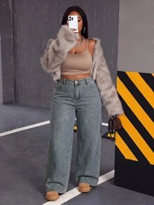 Slaydiva Celana Jeans Denim Kasual Wanita Plus Size Longgar Kaki Lebar (Hitam-Abu) dengan Saku Hiasan Rhinestone Celana Musim Gugur/Dingin untuk Wanita - Medium Wash - View 4