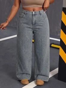 Slaydiva Celana Jeans Denim Kasual Wanita Plus Size Longgar Kaki Lebar (Hitam-Abu) dengan Saku Hiasan Rhinestone Celana Musim Gugur/Dingin untuk Wanita - Medium Wash - View 6