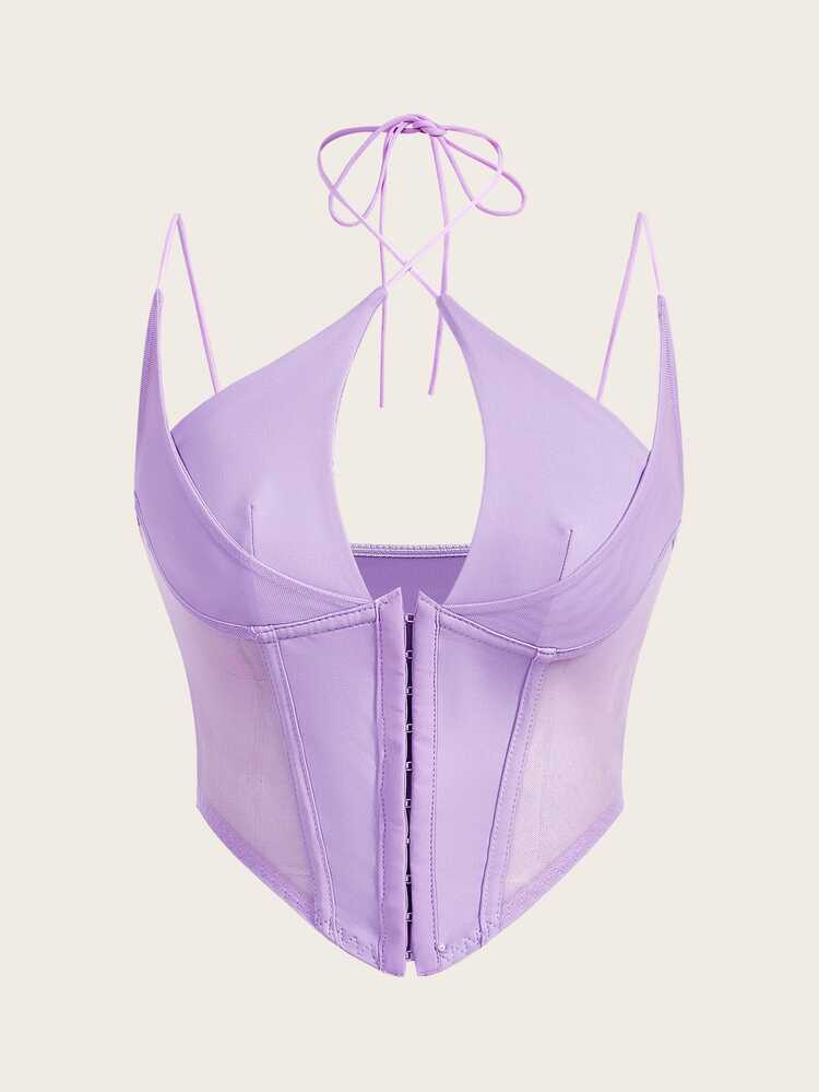 Sweetina White Corset Hook And Eye Front Mesh Insert Cami Top - Mauve Purple - View 1