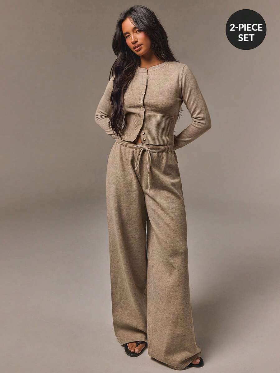 Athîral Women's Relaxed Fit Taupe Knit Two Pieces Set,Crew Neck Button Cardigan,Drawstring Wide-Leg Pants,Solid,Autumn Minimalist Loungewear,Office Casual - Khaki - View 1