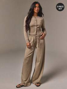 Athîral Women's Relaxed Fit Taupe Knit Two Pieces Set,Crew Neck Button Cardigan,Drawstring Wide-Leg Pants,Solid,Autumn Minimalist Loungewear,Office Casual - Khaki - View 5