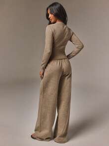 Athîral Women's Relaxed Fit Taupe Knit Two Pieces Set,Crew Neck Button Cardigan,Drawstring Wide-Leg Pants,Solid,Autumn Minimalist Loungewear,Office Casual - Khaki - View 2