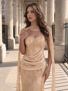 Poshira Women's Lace Pleated Elegant Waist-Cinched Strapless Evening Dress - Apricot - View 3