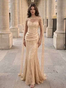 Poshira Women's Lace Pleated Elegant Waist-Cinched Strapless Evening Dress - Apricot - View 4
