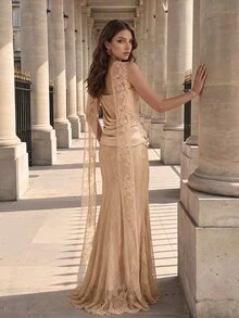 Poshira Women's Lace Pleated Elegant Waist-Cinched Strapless Evening Dress - Apricot - View 2