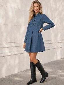 ELLERISSA Medium Wash Denim Swing Dress Long Sleeve Collared Button Front Shirt Dress - Medium Wash - View 7