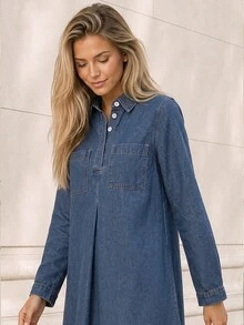 ELLERISSA Medium Wash Denim Swing Dress Long Sleeve Collared Button Front Shirt Dress - Medium Wash - View 4