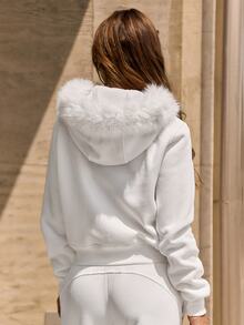 GLOWMODE Cozy Street Collection Everyday Fleece Arctic Glow Fitted Waist-Length Hoodie With Detachable Fur Collar & Two-Way Zip Daily Casual Fall Winter Wear - White - View 3