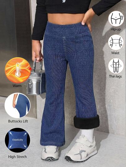SHEIN Young Girl Young Girl Fall/Winter Y2k Stylish Warm Blue Knitted Denim Fleece Lined Stretch Skinny Flare Jeans, For Streetwear
