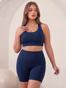 Rhythm Era Plus Size 2 Pieces Sports Set With Removable Cup Bra, Back-Shaping, Cross Strap, Slim Fit, Butt-Lifting, Side Pockets Base Shorts - Navy Blue - View 1