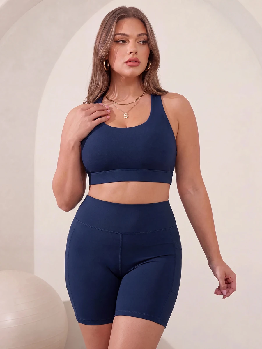 Rhythm Era Plus Size 2 Pieces Sports Set With Removable Cup Bra, Back-Shaping, Cross Strap, Slim Fit, Butt-Lifting, Side Pockets Base Shorts - Navy Blue - View 1