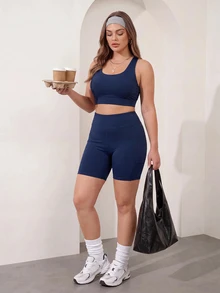 Rhythm Era Plus Size 2 Pieces Sports Set With Removable Cup Bra, Back-Shaping, Cross Strap, Slim Fit, Butt-Lifting, Side Pockets Base Shorts - Navy Blue - View 4