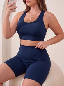 Rhythm Era Plus Size 2 Pieces Sports Set With Removable Cup Bra, Back-Shaping, Cross Strap, Slim Fit, Butt-Lifting, Side Pockets Base Shorts - Navy Blue - View 5