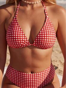 SHEIN Swim Plus Size Women's Red And Plaid 2 Pieces Swimwear, Triangle Cup Halter Tie Bikini Set Summer, Tropical, Beach Vacation 1960s 1920s Party Matching - Red - View 5