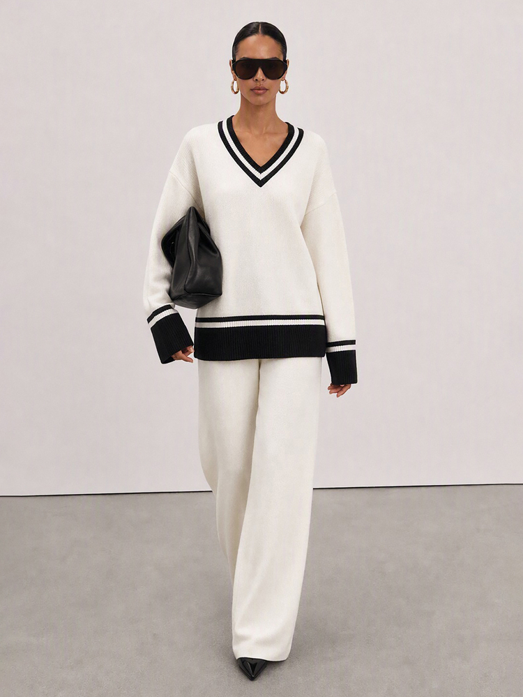 Lumivelle Women V-Neck Long Sleeve White Striped Sweater And Sweater Pant 2pcs Set Co-Ords School Autumn Casual - Black and White - View 7