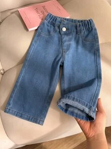 Baby Girl Overlap Waist Slant Pocket Wide Leg Jeans - Medium Wash - View 3