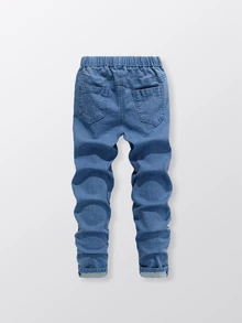SHEIN Boys' Full Elastic Waist Drawstring All-Match Minimalist Versatile Daily Comfortable Stretch Light Gray Slim Fit Denim Jeans - Light Wash - View 2