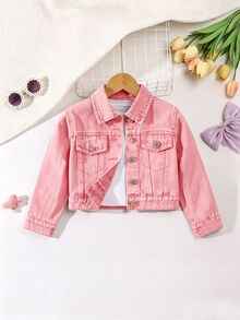 Elladie kids 女童牛仔夾克外套，新品上市，休閒甜美蝴蝶結淺色水洗藍牛仔夾克，舒適適合日常活動與外出，適於秋冬春季穿著 - 粉色 - 查看 2