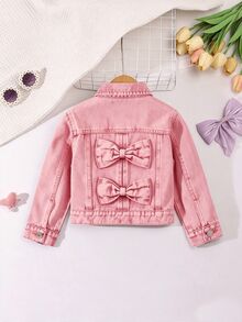 Elladie kids 女童牛仔夾克外套，新品上市，休閒甜美蝴蝶結淺色水洗藍牛仔夾克，舒適適合日常活動與外出，適於秋冬春季穿著 - 粉色 - 查看 5