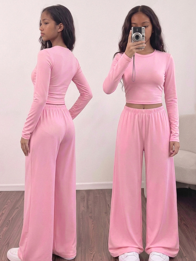 Teen Girl Solid Color Crew Neck Long Sleeve T-Shirt And Wide Leg Pants Casual Baggy Set Birthday Party Pink Autumn