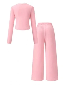 Teen Girl Solid Color Crew Neck Long Sleeve T-Shirt And Wide Leg Pants Casual Baggy Set Birthday Party Pink Autumn - Pink - View 2