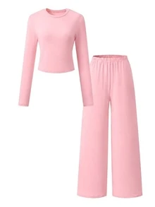 Teen Girl Solid Color Crew Neck Long Sleeve T-Shirt And Wide Leg Pants Casual Baggy Set Birthday Party Pink Autumn - Pink - View 8