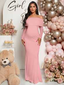 Loomaby Pregnant Women Off-Shoulder Fishtail Baby Shower Long Sleeve Dress For Maternity Fall - Pink - View 3