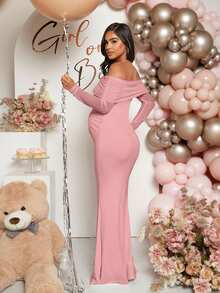 Loomaby Pregnant Women Off-Shoulder Fishtail Baby Shower Long Sleeve Dress For Maternity Fall - Pink - View 2