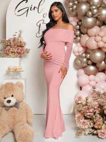 Loomaby Pregnant Women Off-Shoulder Fishtail Baby Shower Long Sleeve Dress For Maternity Fall - Pink - View 7