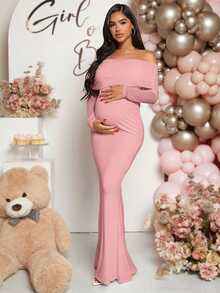 Loomaby Pregnant Women Off-Shoulder Fishtail Baby Shower Long Sleeve Dress For Maternity Fall - Pink - View 5