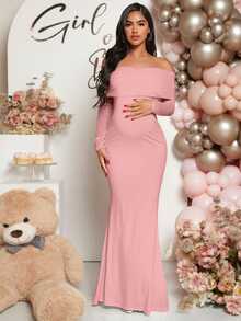 Loomaby Pregnant Women Off-Shoulder Fishtail Baby Shower Long Sleeve Dress For Maternity Fall - Pink - View 4