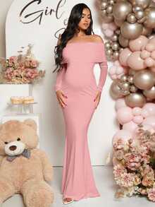 Loomaby Pregnant Women Off-Shoulder Fishtail Baby Shower Long Sleeve Dress For Maternity Fall - Pink - View 6