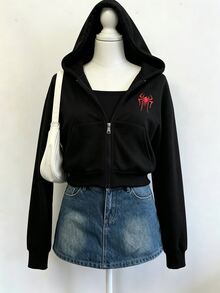 SHEIN Sparklyn 青少年女孩休閒連帽拉鍊夾克，粉色蜘蛛印花裝飾，寬鬆落肩版型附口袋設計，舒適親膚針織面料，適合日常上學與外出穿搭的多功能外套，甜美街頭風連帽上衣，春秋實穿長袖上衣，簡約黑色百搭款，時尚休閒夾克 - 黑色 - 查看 8