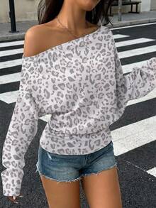 SHEIN EZwear Women's White Animal Print Sweatshirt,Casual Everyday Autumn Spring Shoulder-Baring Leopard Print Loose Fit Cinched Waist Minimalist Washed Top - Multicolor - View 7