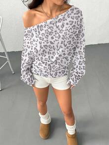SHEIN EZwear Women's White Animal Print Sweatshirt,Casual Everyday Autumn Spring Shoulder-Baring Leopard Print Loose Fit Cinched Waist Minimalist Washed Top - Multicolor - View 4
